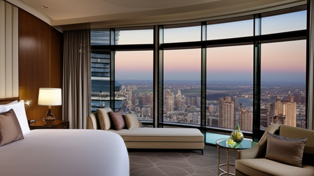 Modern five star hotel room with city view