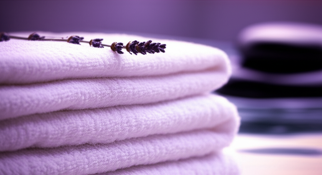 Serene spa relaxation area with violet ambient lighting